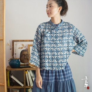 言午葵原创棉麻女装国风蓝染印花衬衫 青绿复古斜襟禅意茶服上衣