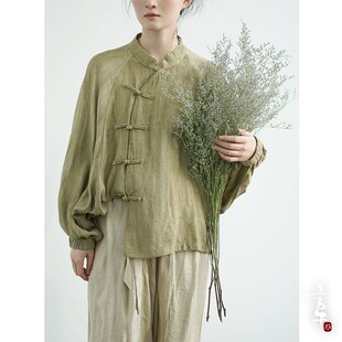 言午葵原创设计复古文艺斜襟盘扣宽松廓形衬衫 压皱棉外套 国风个性