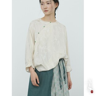 言午葵原创新中式天丝提花廓形蝙蝠袖衬衫 中国式斜襟珠扣茶服