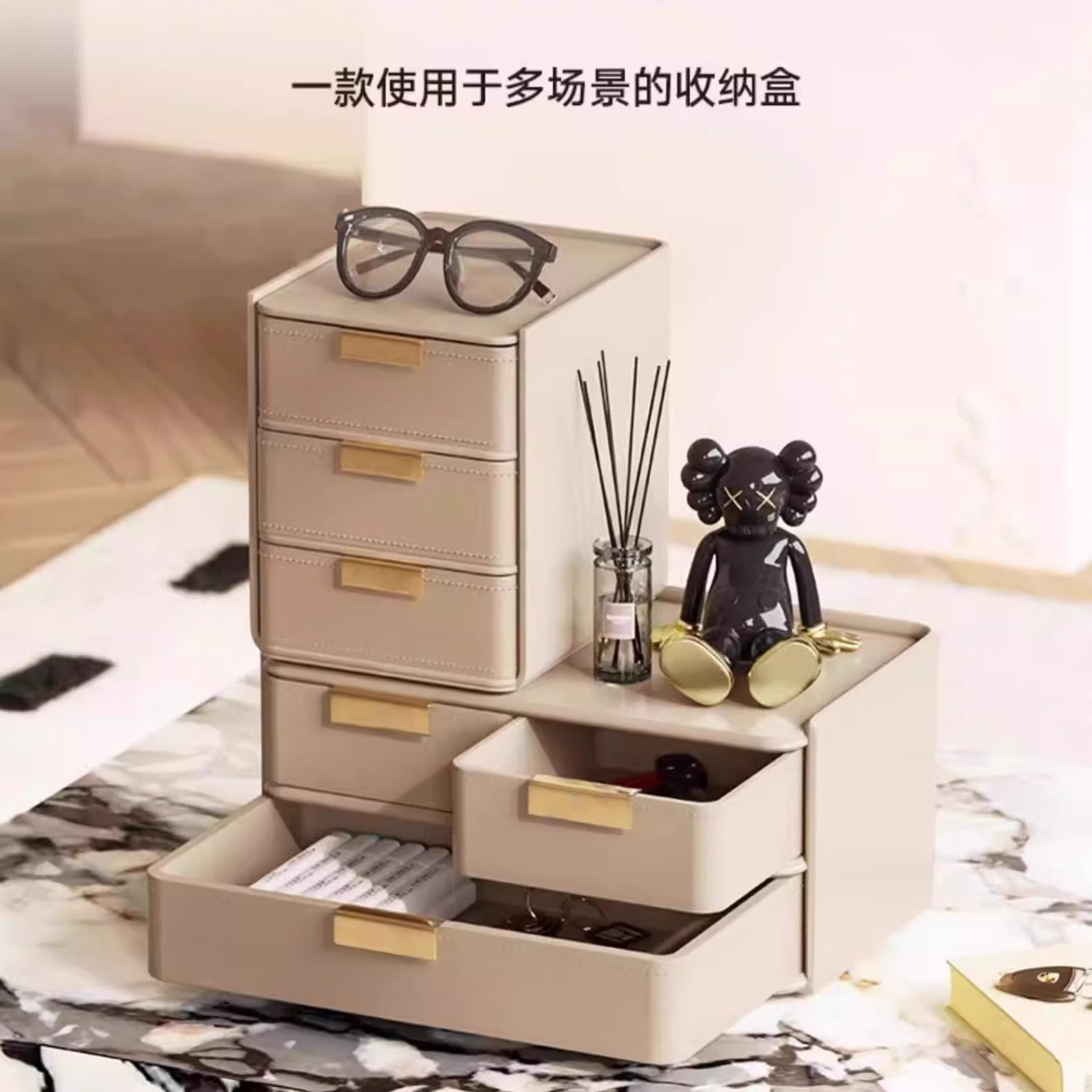 日式收纳皮质玄关钥匙口罩抽屉式收纳盒桌面化妆品首饰整理箱家用