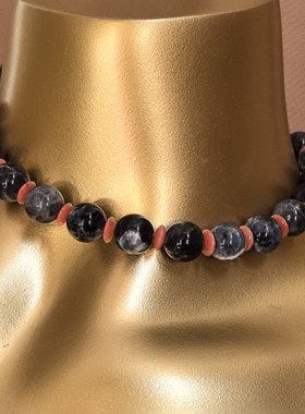 复古即时尚原创手作天然石蓝纹石项链大珠径锁骨链