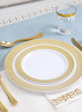 175个装一次性餐具网格金边盘套装PS硬塑料酒杯金色刀叉勺无尘纸