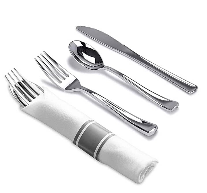 亚马逊一次性塑料银色刀叉勺餐巾纸套装婚礼派对餐饮餐具金色三件图片