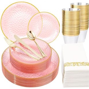 25个装 10.25寸PS硬塑料粉色金边锤锻深盘透明盘刀叉勺酒杯纸 7.5