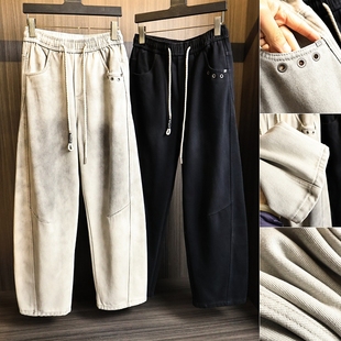 美式复古做旧扎染!弯刀裁剪!秋季男士纯色加绒有型直筒牛仔裤潮