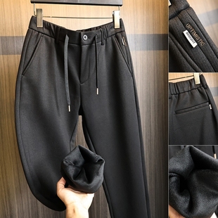 版 难得 型 加绒保暖 男 秋冬纯色百搭锥形显瘦直筒休闲裤 H家