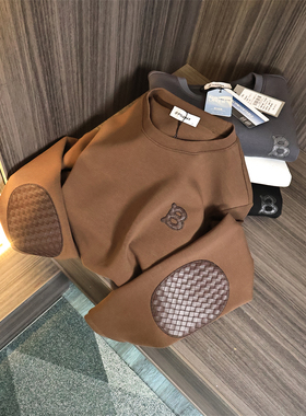 原1698~奢级！云朵空气层/春秋男士纯色编织皮料拼接时尚圆领卫衣