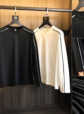 ODM公司货！线条拼接！秋季男士直筒型显瘦百搭通勤圆领长袖T恤衫