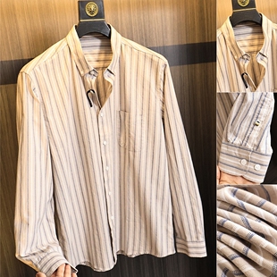 出U品订单!100%全棉洗水!秋季经典条纹百搭时尚休闲翻领衬衫潮