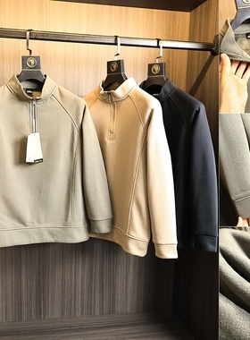 客供定织面料~ODM大厂单！秋冬男士纯色加绒保暖半拉链长袖卫衣潮