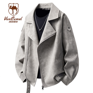 西域骆驼美式 斜拉链双层领PU皮夹克男潮牌设计感痞帅百搭皮衣外套
