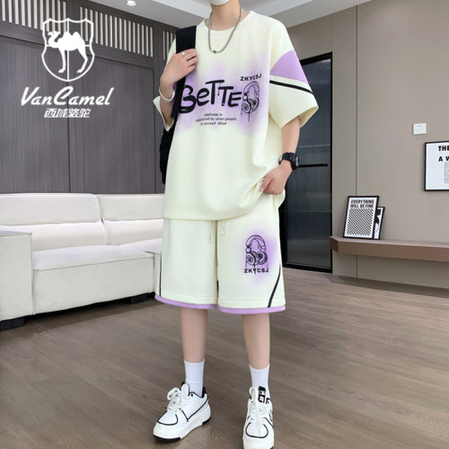VANCAMEL西域骆驼冰丝运动套装男夏季休闲短袖短裤一套搭配两件套
