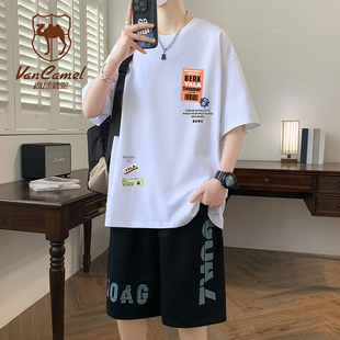 VANCAMEL西域骆驼夏季纯棉青少年短袖t恤男2026新款潮流运动套装