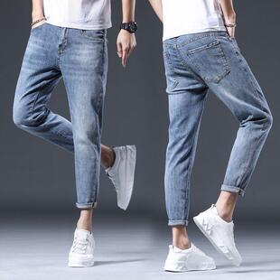 香港春秋款破洞九分牛仔裤男士修身小脚高端弹力百搭9分裤子男款
