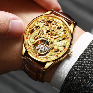 瑞士OUPINKE国潮陀飞轮男士 手表机械表黄金色金龙表名表品牌十大