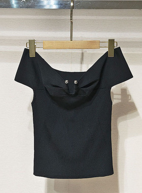 2025夏女装R一字肩时尚短袖修身显瘦针织衫