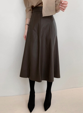 春夏新款高腰显瘦大摆伞裙绵羊皮气质中长款半身裙女