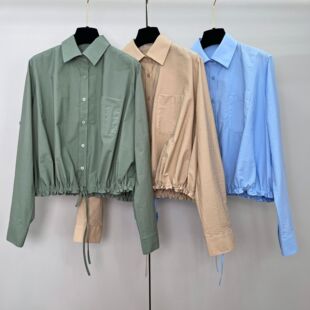 25ss新款设计感收腰系带长袖衬衫女徽标刺绣口袋腰带纯棉上衣