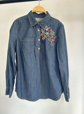 欧洲站2024春季新款牛仔棉长袖刺绣手工订珠翻领套头衬衫女