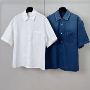 纯色情侣休闲薄款 牛仔衬衫 翻领 宽松bf风简约日系短袖 男女同款