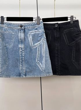 小香风设计感磨白水洗蝴蝶结牛仔短裙女时尚辣妹高腰a字包臀半裙