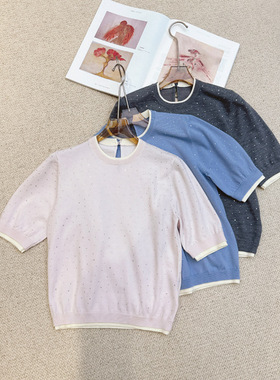 M 2025早秋新款女装 法式烫钻圆领短款针织上衣