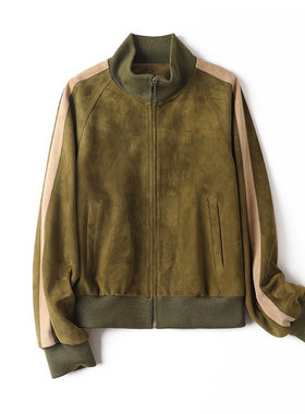 真皮皮衣  绒面山羊皮针织小立领美式复古棒球服袖子撞色外套