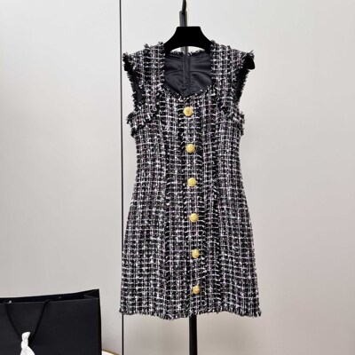 重工立体剪裁千金气质粗花呢无袖连衣裙名媛风毛须边晚礼服背心