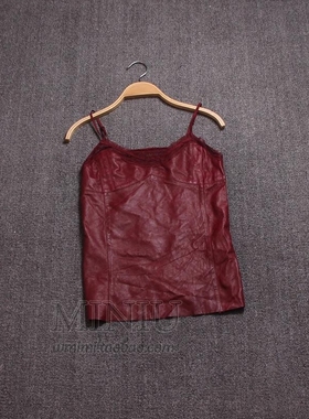 欧洲站2021秋冬款o.fan性感女装打底衫羊皮拼接修身背心吊带外穿