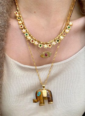 项链毛衣链虎眼石单面大象项链女