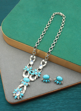 欧美复古宫廷法式夸张白色珐琅花朵项链耳钉套装书册款中古首饰