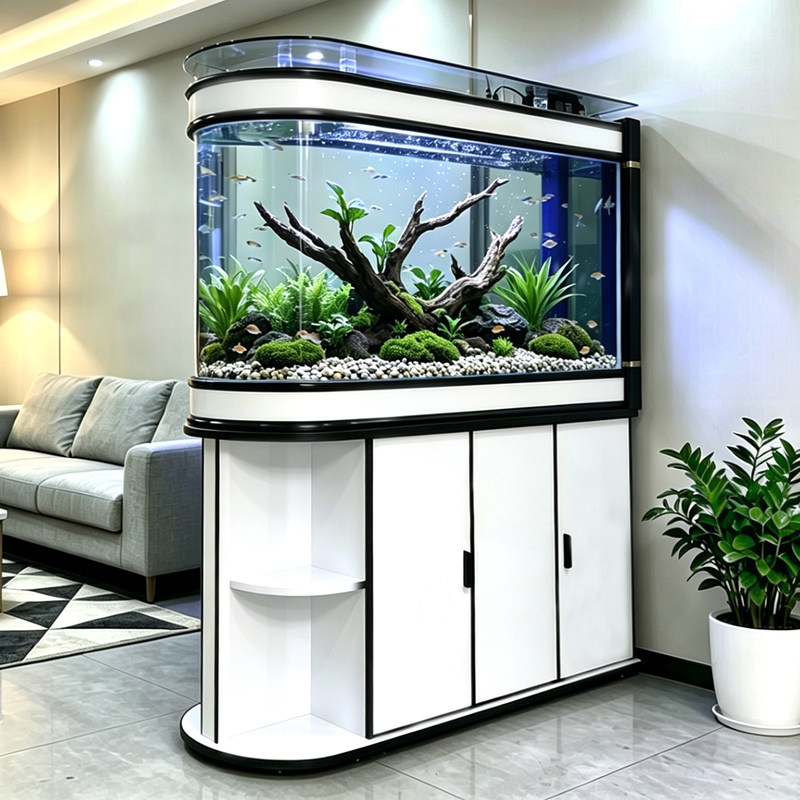 玄关子弹头鱼缸玻璃生态水族箱中型大型屏风隔断鞋柜家用客厅定制
