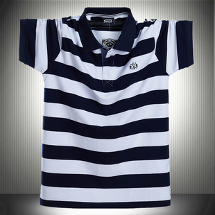 纯棉条纹短袖T恤男加大码肥佬装宽松版胖爸爸上班商务品质6XL半袖