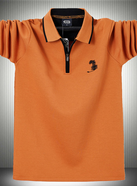 2025新款加大码长袖POLO衫活力橙色男士半拉链领外套肥佬纯棉上衣