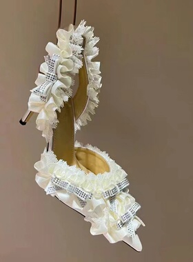 24年新款高跟尖头性感水晶蝴蝶结装饰蕾丝花边真丝高跟凉鞋