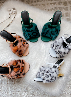 23新款名媛高跟鞋时尚个性水貂毛真皮草异跟凉拖鞋性格成熟女士鞋