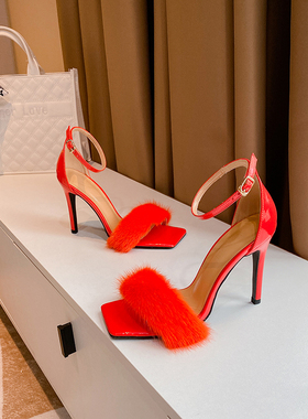 2023明星同款一字带水貂高跟凉鞋真皮毛女鞋时尚秀高跟鞋