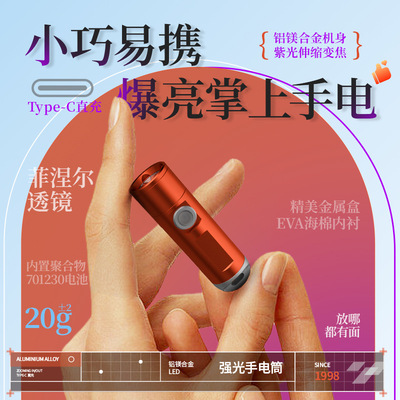 2025热销金属迷你手电筒白激光USB充电395检测小巧便携多用途手电