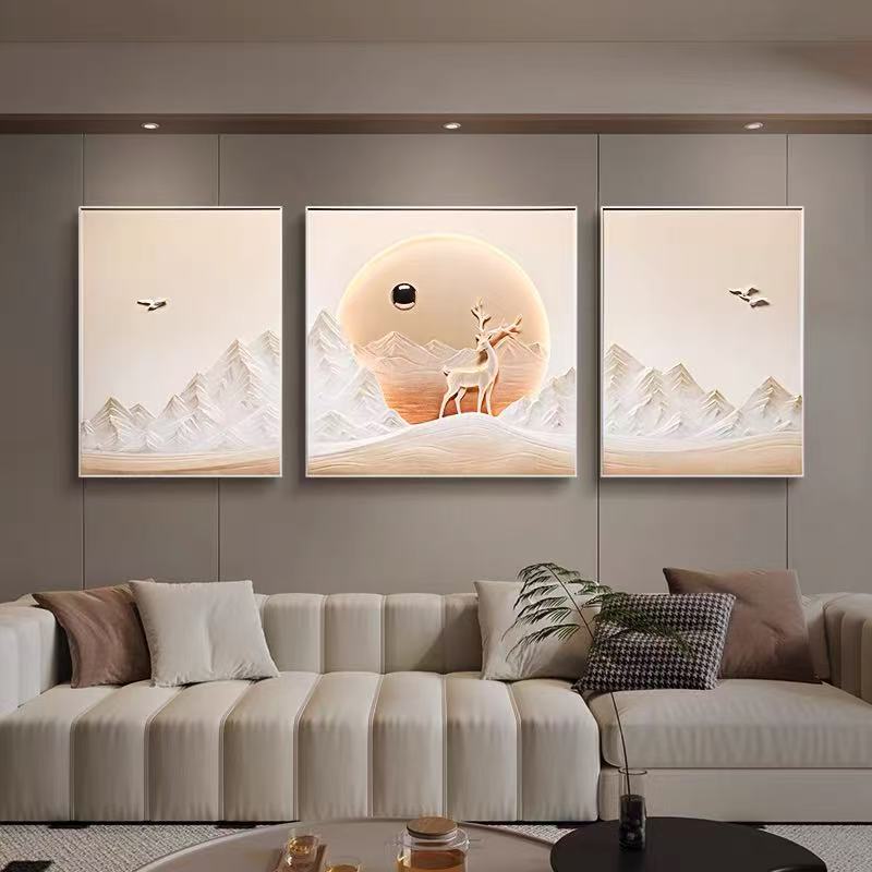 福鹿到家现代轻奢客厅装饰画背景墙壁画高档立体浮雕组合灯光挂画图片