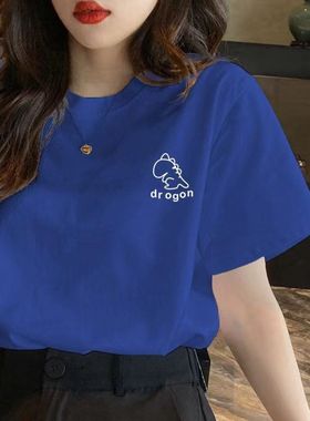 2023年夏季蓝色纯棉短袖T恤女韩版宽松休闲百搭卡通印花正肩上衣