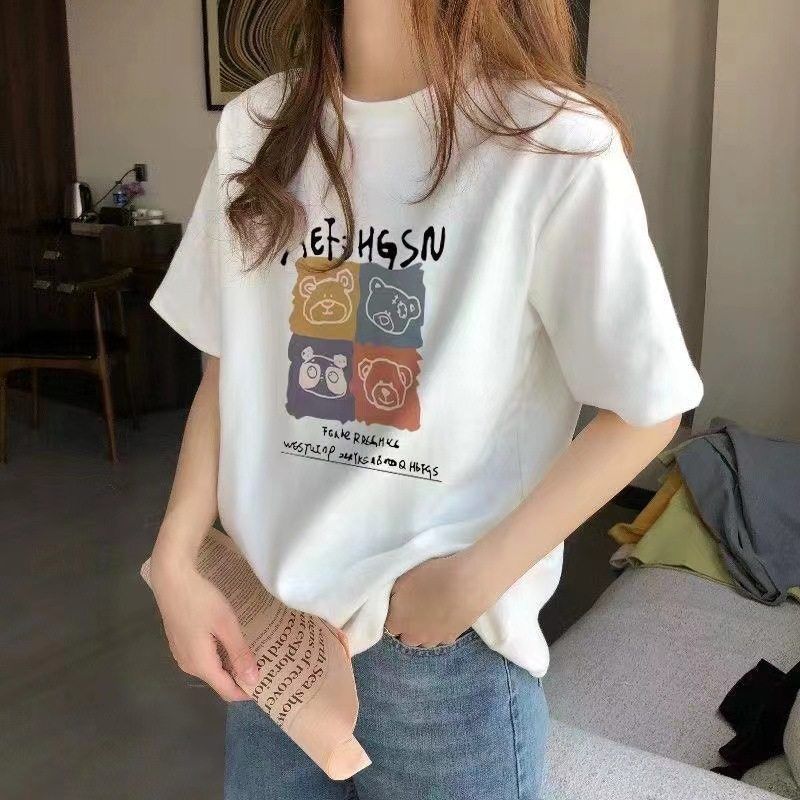 正肩纯棉短袖t恤女夏季薄款小熊印花宽松白色t桖显瘦半袖上衣潮女