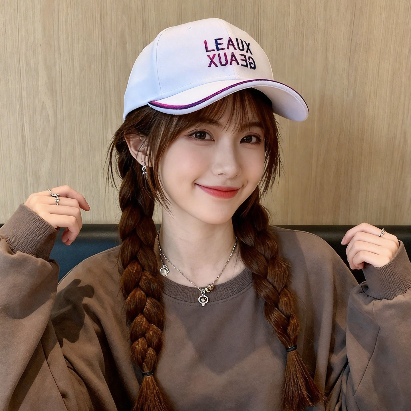 正版莱奥白色棒球帽 新款女男款 紫红线刺绣花鸭舌帽白色小标帽子