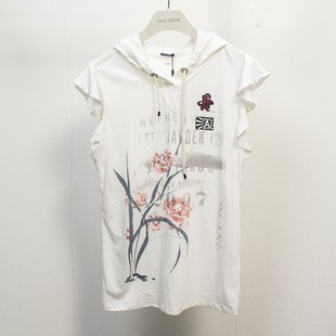 清仓ABLE 荷叶袖 JEANS 薄款 印花连帽T恤978005 T恤女纯棉正品 断码