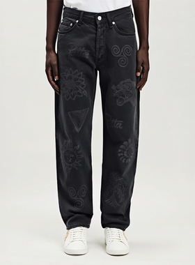 荷兰.PAT他 男士秋冬厚款无弹力全棉黑色牛仔裤五袋长裤印花潮裤