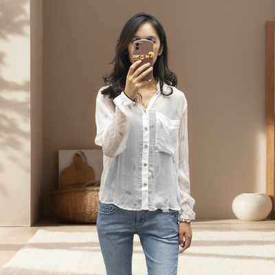 薄款透气ABLE JEANS女衬衫夏季绣花长袖衬衣性感潮流OL风乔其上衣