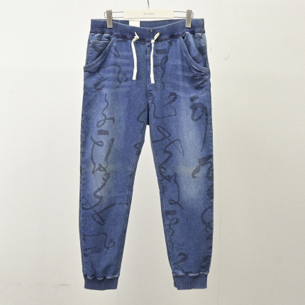 特价ABLE JEANS春秋潮流男针织牛仔裤印花束脚休闲裤舒适松紧腰