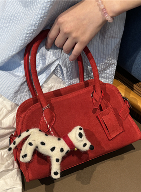 赵露思同款红色包包秋冬复古磨砂牛皮麂皮绒小众手提斜挎结婚包女