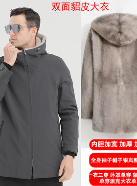 双面穿派克服男水貂整貂内胆皮毛一体连帽尼克服男休闲保暖冬外套