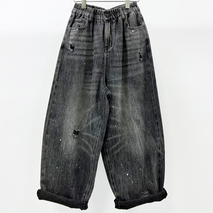 时尚 2026春季 显瘦萝卜裤 CHYY黑灰色破洞宽松牛仔女老爹裤 松垮 新款