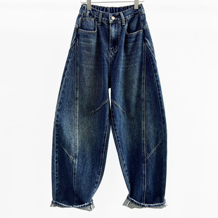 牛道途2025秋季新款宽松显瘦牛仔女弯刀裤百搭香蕉裤蓝色镰刀裤潮